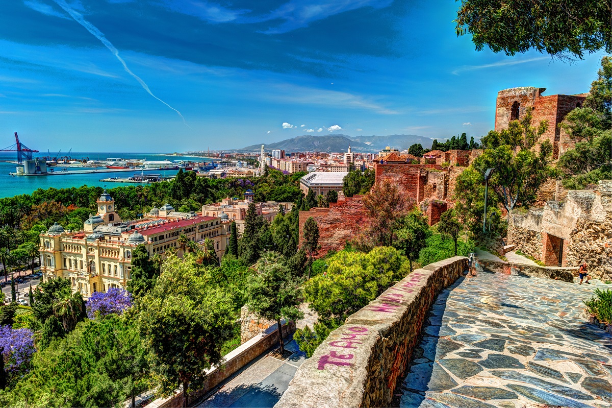 Aerial,View,Of,Malaga,Taken,From,Gibralfaro,Castle,Including,Port