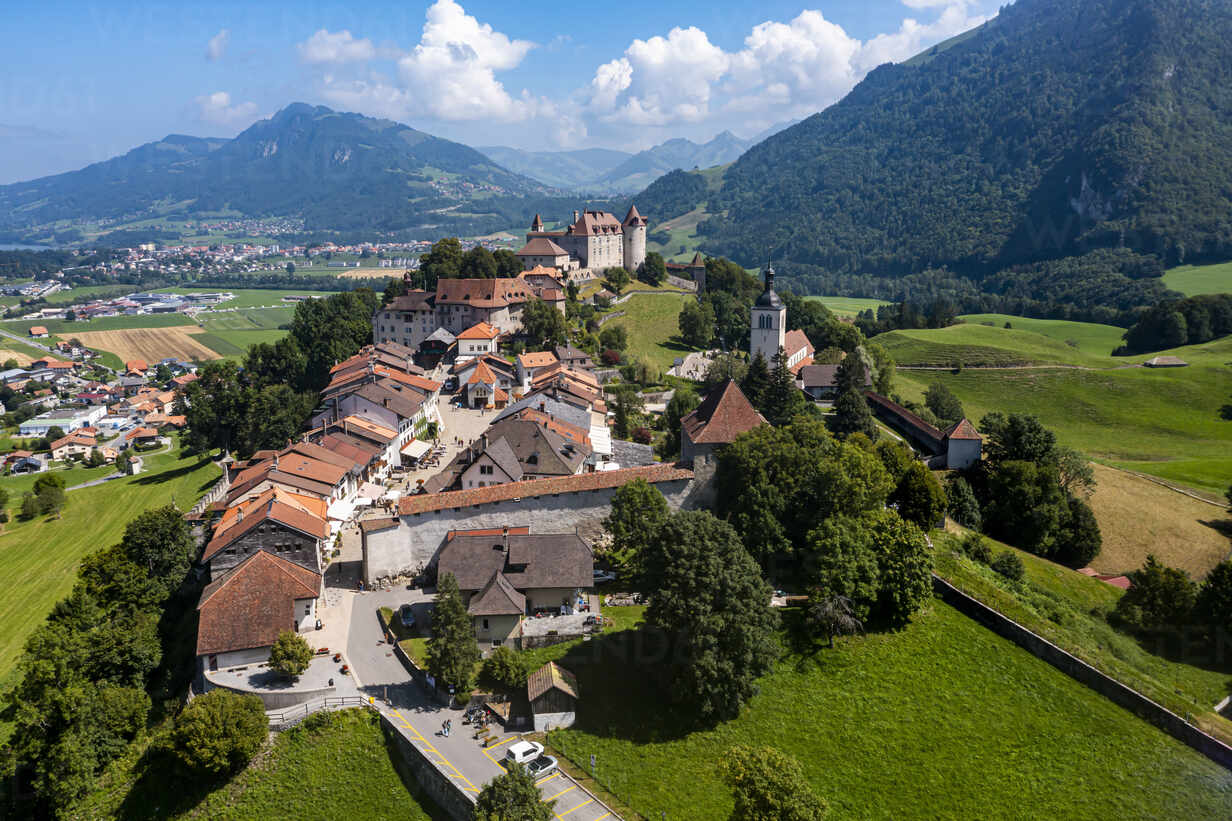 Aerial of the Gruyere castle, Fribourg, Switzerland